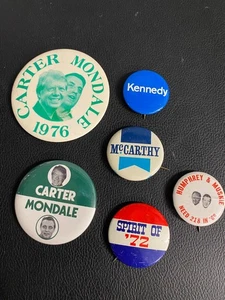 6 Vintage Political Buttons Carter/Mondale Humphrey/Muske Kennedy McCarthy - Picture 1 of 11
