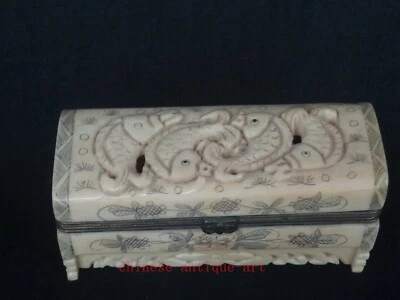 Коллекционный древний Китай Тибет ручной резьбы красивая рыба ювелирных изделий шкатулка украшение - Изображение 1 из 4