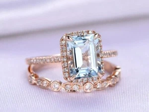 14K Rose Gold Plated 3Ct Emerald Lab Created Aquamarine Diamond Bridal Ring Sets - Picture 1 of 3