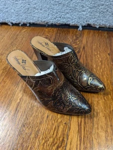 Patricia Nash Shoes Womens Size 9.5 Ruffina Choc Gold Metallic Bark Mules Heels - Picture 1 of 9