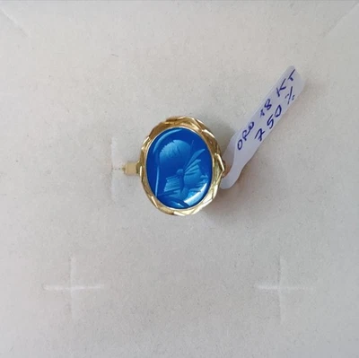 Anello vintage stile "corniola con guerriero" in Oro 18 Kt 750% e vera agata blu - Bild 1 von 4