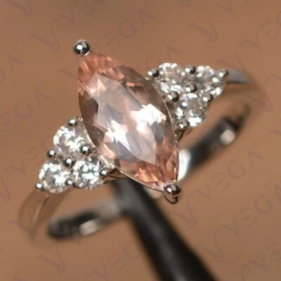 Anillo de compromiso de diamantes y morganita natural marquesa de 3,6 quilates enchapado en oro blanco de 18 quilates Foto 1 de 4