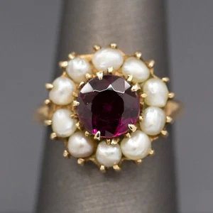 Vintage Rhodolite Garnet and Seed Pearl Low Profile Cocktail Ring in 14 Yellow G - Picture 1 of 11