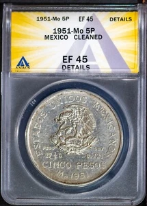 1951-Mo 5 Pesos Mexican Hildalgo Coin EF 45 Details ANACS # 7649185 + Bonus - Picture 1 of 2