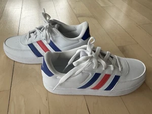 Brand New Adidas Tennis Shoes White With Red And Blue Stripes - Picture 1 of 5