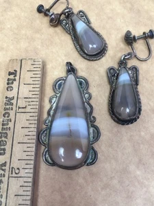Pendientes colgantes vintage de plata esterlina con bandas de ágata nativa americana - Imagen 1 de 6