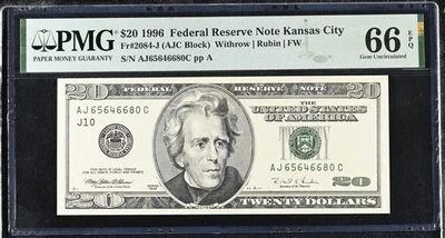 1996 $20 Federal Reserve Note Fr-2084-J Kansas City PMG66 Gem EPQ - Image 1 of 2