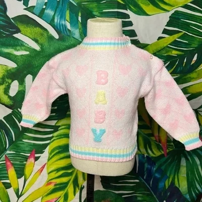 Childwise Vintage 80s Pastel Valentines Kawaii Heart Argyle “Baby” Sweater - Image 1 of 4