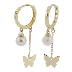 S925 Sterling Silver Women Pearl Drop Butterfly Tassel Huggie Hoop Earrings I67 - Picture 1 of 7