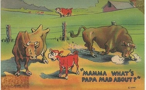 Vintage. KARIKATUR CARTOON POSTKARTE 20er Jahre "MAMA WORÜBER IST PAPPA VERRÜCKT?" FARBE - Bild 1 von 2
