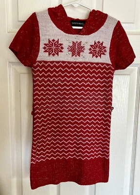 sweater project kids girls M10/12  Xmas sweater Knit Dress Red White Shortsleeve - Image 1 of 4