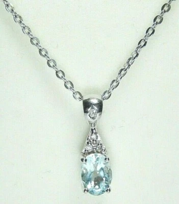 *NWT*  10k White Gold Diamond and Aquamarine .75CT Oval Shaped Pendant Necklace - Image 1 of 4