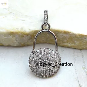 Genuine Pave Diamond Padlock Pendant 925 Solid Silver Handmade Fine Jewelry - Picture 1 of 4