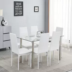 51" Clear Tempered Glass Dining Table&6pcs White Faux Leather Dining Chairs Set - Picture 1 of 9
