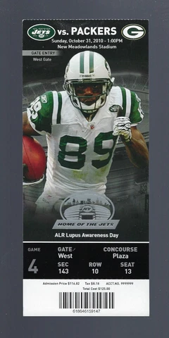2010 NFL GREEN BAY PACKERS @ NEW YORK JETS FULL UNUSED FOOTBALL TICKET Cover