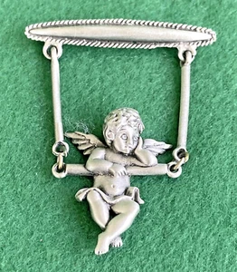 JJ Cherub Angel Jonette Swinging Vintage Swing SIGNED brooch Pin Silver Tone - Picture 1 of 8