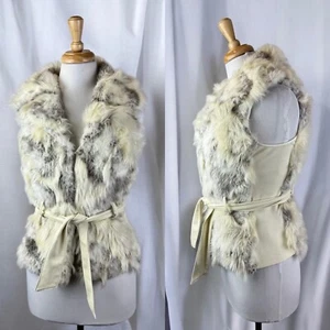 White Gray Faux Fur Belted Vest Waistcoat Y2K Winter Glam Holiday Plush Size S - Picture 1 of 10