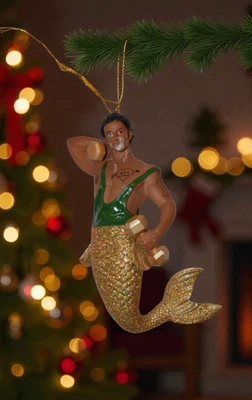 December Diamonds Muscular Merman Ornament Gold Glitter Tail Dumbbells - Image 1 of 2