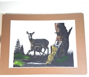 Asa Battles Pen & Ink Original Signed Colored Drawing Doe Deer and Fawn - Picture 1 of 7