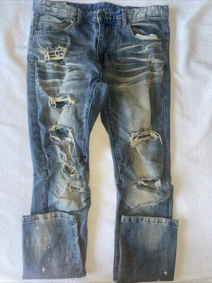 Pantalones de mezclilla ajustados rectos desgastados Smoke Rise para hombre 34 X 34 ajustados bigotes de graffiti Foto 1 de 4