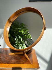 Vintage mid century round teak framed table mirror by Uno & Östen Kristiansson