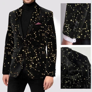 Singlebreasted Suit Jacket for Men Velvet Gold Star Pattern Fashion Party Jacket - Picture 1 of 24