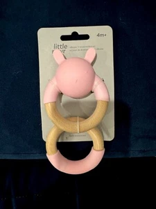 Little Rawr Teething Rattle Toy for Babies Blue 4M+ - silicone & wood -pink 2pcs - Picture 1 of 2