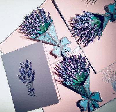 Tarjetas Pop Origami Ramo de Lavanda 3D Pop Up Tarjeta de Felicitación Feliz Cumpleaños Amor Foto 1 de 4