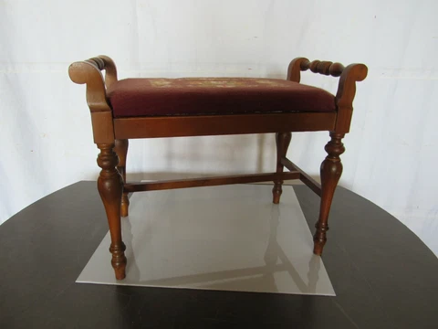 Vintage Vanity Wood Bench, stained hardwood, Piano/Organ/Dressing Stool, Needlep Cover