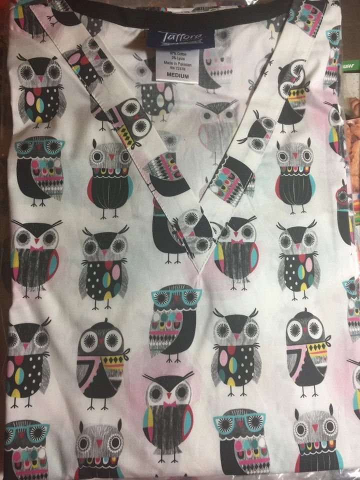 TAFFORD STRETCH SCRUB TOP KNOW IT ALL OWLS SIZE XS, S, M, NWT NURSE MEDICAL CNA - Image 1 of 4