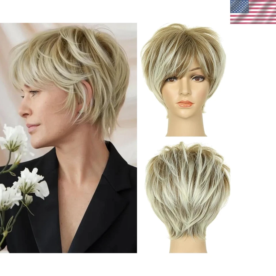 Queentas Pixie Short Blonde Wig With Bangs Dark Roots Synthetic Brown Size