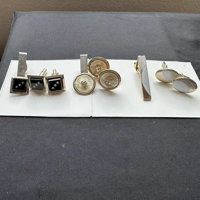 Lote De Colección De 3 Juegos De Clips De Corbata Para Gemelos A Juego Tono Dorado y Plata Foto 1 de 4