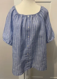 TALBOTS Womens TOP Short Sleeve BLUE White STRIPE Linen Elastic Neck Size L - Picture 1 of 5