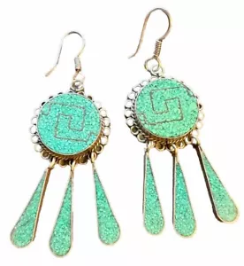 VTG Alpaca Silver Earrings Turquoise Malachite Inlay Inlaid Dangle Southwestern - Picture 1 of 6