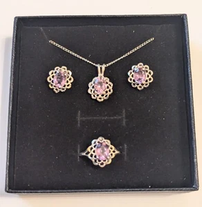 VTG Sterling Amethyst Jewelry Set (Necklace, Ring 8, & Earrings) uTc 925 Italy - Picture 1 of 14
