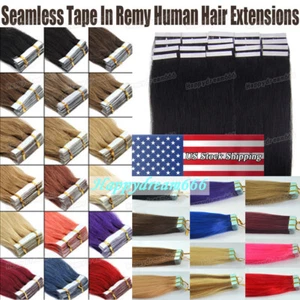 Seamless Tape in Hair Extensions Skin Weft Brazilian Remy Human Hair Straight US - Picture 1 of 86