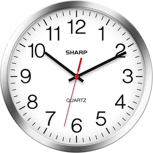 SHARP Wall Clock – Silver/Chrome, Silent Non Ticking 10 Inch Quality Quartz - Picture 1 of 11