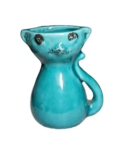 Vintage Teal Kitty Cat Pottery Creamer Made In Italy 4" Tall As Is - Picture 1 of 17