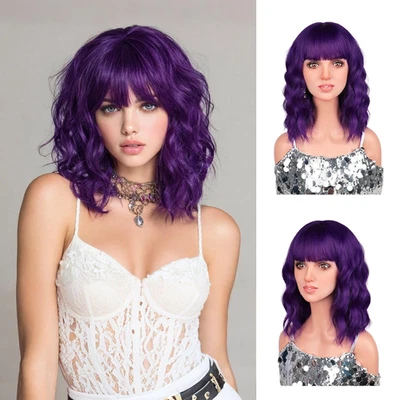 Perucas de bob curtas roxas de 14 polegadas com franjas para mulheres, cabelo ondulado solto ombro Len - Imagem 1 de 4