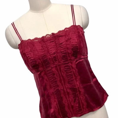 90-е Y2K 100% шелк красный Babydoll Cami верхний атласной кружевной отделки со сборками женщин Sz S - Изображение 1 из 4