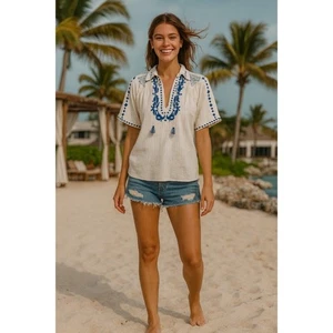 MAISON HOTEL Embroidered Top Blouse Ivory Blue Tassels Smocked Bohemian X-Small - Picture 1 of 11