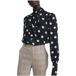 Witchery Spot Print Tie Neck Pussy Bow Long Sleeve Blouse Size 8 XS Night Sky - Picture 1 of 20