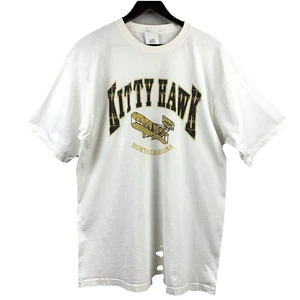 KITTY HAWK NC T-shirt Adult Size Large White Plaid Letters Tee Souvenir Flight - Picture 1 of 13