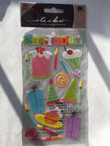 Sticko FIESTA DE CUMPLEAÑOS álbum de recortes tarjetas manualidades pegatinas 15 piezas brillo recortado pastel - Imagen 1 de 1