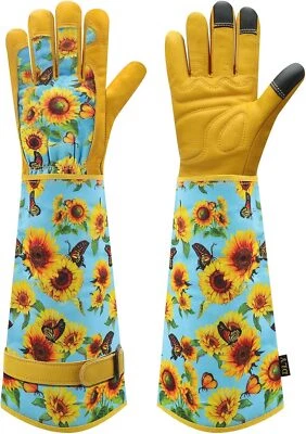 Guantes largos de jardinería para mujer a prueba de espinas cuero de vaca guantelete transpirable Foto 1 de 4
