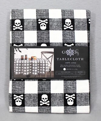 Oeko-Tex Halloween Skull Bones 70" Round Fabric Black White Tablecloth Skeleton - Image 1 of 2