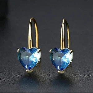 Gold plated Gradient Blue Colour Heart Drop Earrings Hooks Blue Red Pink Love  - Picture 1 of 10