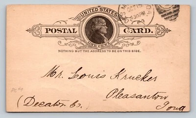 1886 UX9 Postal Card 1c Partial Duplex Cancel PLEASANTON IA 'Card Was Mislaid' - Image 1 of 3