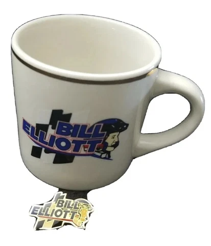 Bill Elliott Coffee mug Gold Trim  Tea Cup & Pin Nascar Racing Vintage Old Cover