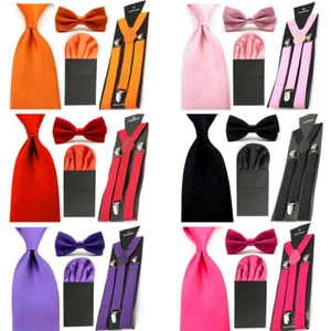 Men Solid Satin Bowtie 8CM Tie Pocket Square Hanky Suspender Brace Wedding Set - Picture 1 of 8